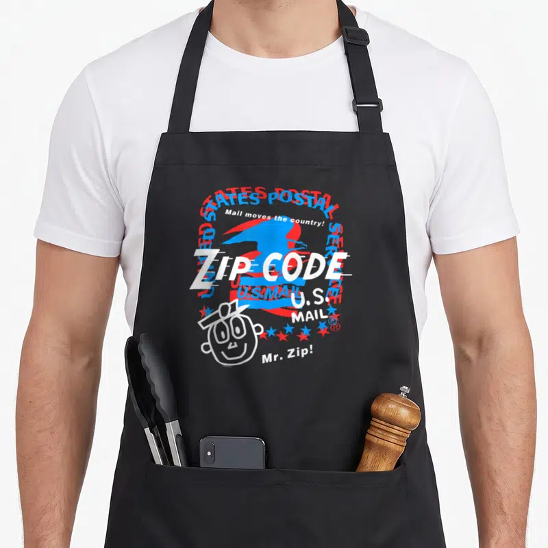 Zip usps aprons - Retro Mr. Zip face with ZIP CODE text and eagle in red white blue — shown on a black cotton canvas apron against a white background