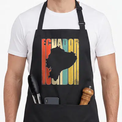 Funny ecuador apron - Retro grey map of Ecuador over five vertical stripes in red orange cream teal and yellow — shown on a black cotton canvas apron against a white background