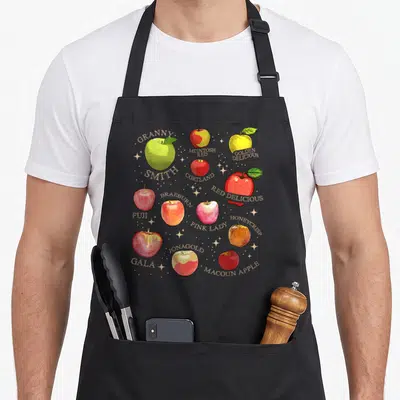 Cottagecore apple apron - Twelve realistic red, green, and yellow apples with tan variety names and small stars — shown on a black cotton canvas apron against a white background