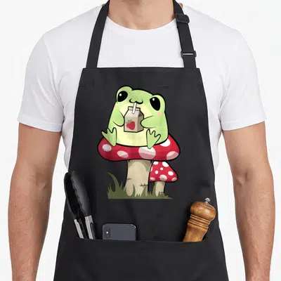 Mycology cottagecore apron - Cartoon green frog drinking strawberry milk on red and white spotted mushroom with grass — shown on a black cotton canvas apron against a white background