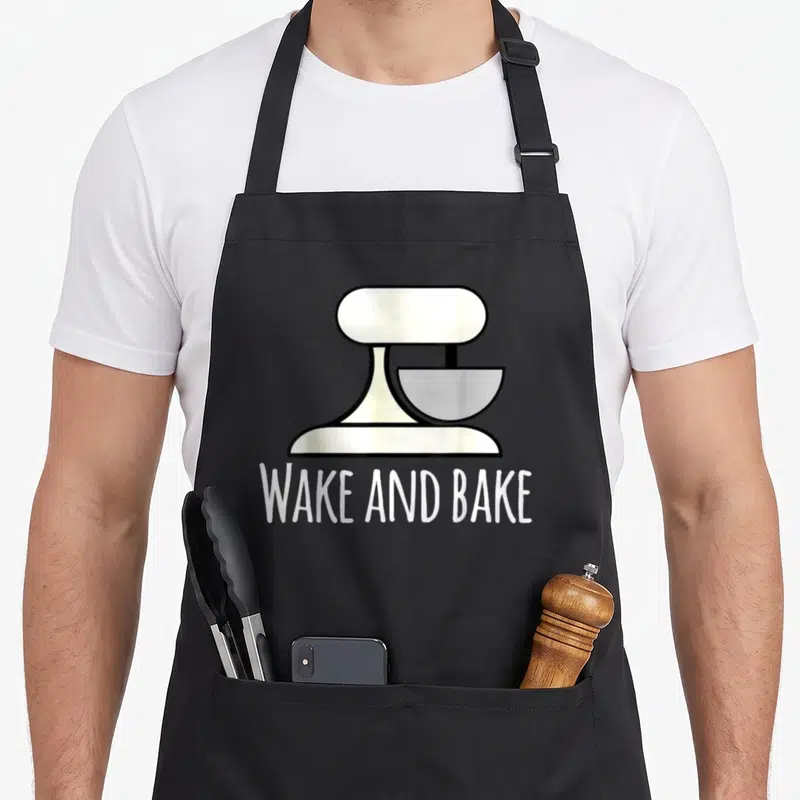 Wake bowl apron - Cartoon stand mixer in off-white and grey above white text reading wake and bake — shown on a black cotton canvas apron against a white background