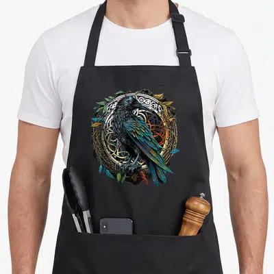 Midgard ravens aprons - Realistic raven with blue and gold feathers over circular white and gold knotwork surrounded — shown on a black cotton canvas apron against a white background