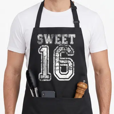 Varsity birthday apron - White distressed SWEET 16 varsity style typography on black fabric — shown on a black cotton canvas apron against a white background