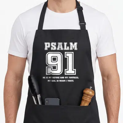 Refuge psalm apron - PSALM 91 text with He Is My Refuge quote in white varsity font on dark grey background — shown on a black cotton canvas apron against a white background