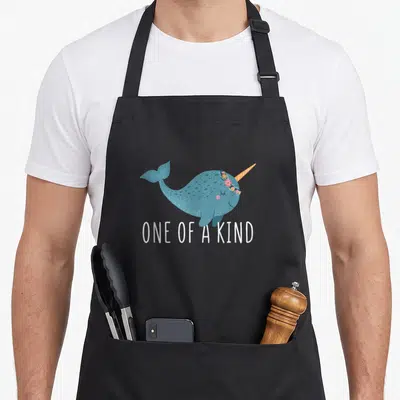 Narwhal apron or apron - Blue cartoon narwhal with flower crown and ONE OF A KIND text — shown on a black cotton canvas apron against a white background