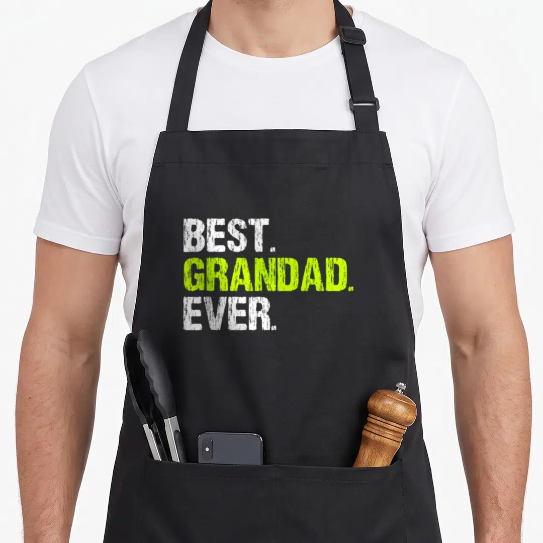 Cute grandpa grandad aprons - Stacked BEST GRANDAD EVER text in white and lime green distressed font — shown on a black cotton canvas apron against a white background