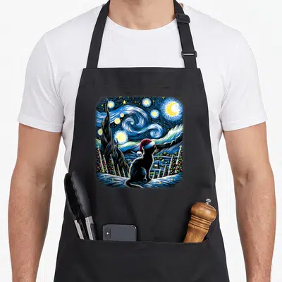 Festive van gogh apron - Black cat in Santa hat under swirling starry sky with decorated Christmas trees — shown on a black cotton canvas apron against a white background