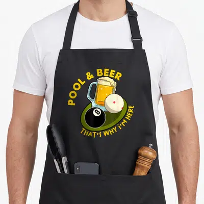 Pool beer apron - Yellow text arching over a beer mug and two billiard balls on a green table — shown on a black cotton canvas apron against a white background