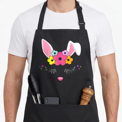 Christian easter bunny aprons - Cartoon bunny face with pink flowers, yellow blooms, blue stars, and grey background — shown on a black cotton canvas apron against a white background
