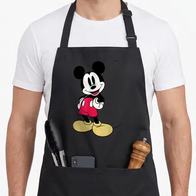 Cute love mice apron - Cartoon mouse in black white red yellow standing centered on black background — shown on a black cotton canvas apron against a white background