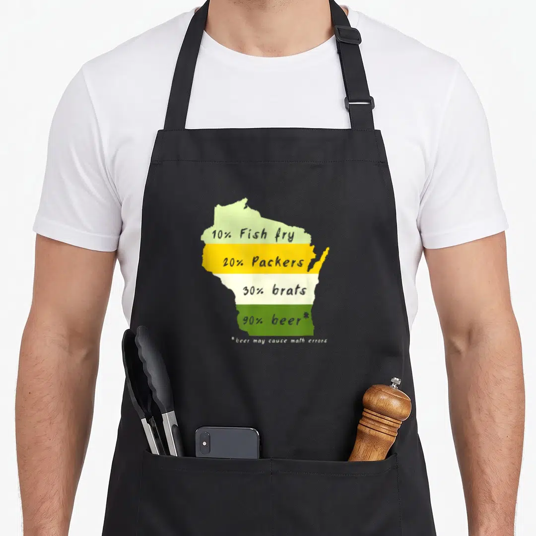 Drink wisconsin apron - Wisconsin map divided into green yellow and white bands with percentage text and math error — shown on a black cotton canvas apron against a white background