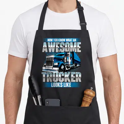 Trucking rig semi truck apron - Realistic blue semi truck illustration with stacked white and silver text — shown on a black cotton canvas apron against a white background
