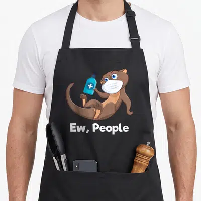 Ferret owner animal apron - Cartoon brown otter in white mask holding blue sanitizer bottle above Ew People text — shown on a black cotton canvas apron against a white background