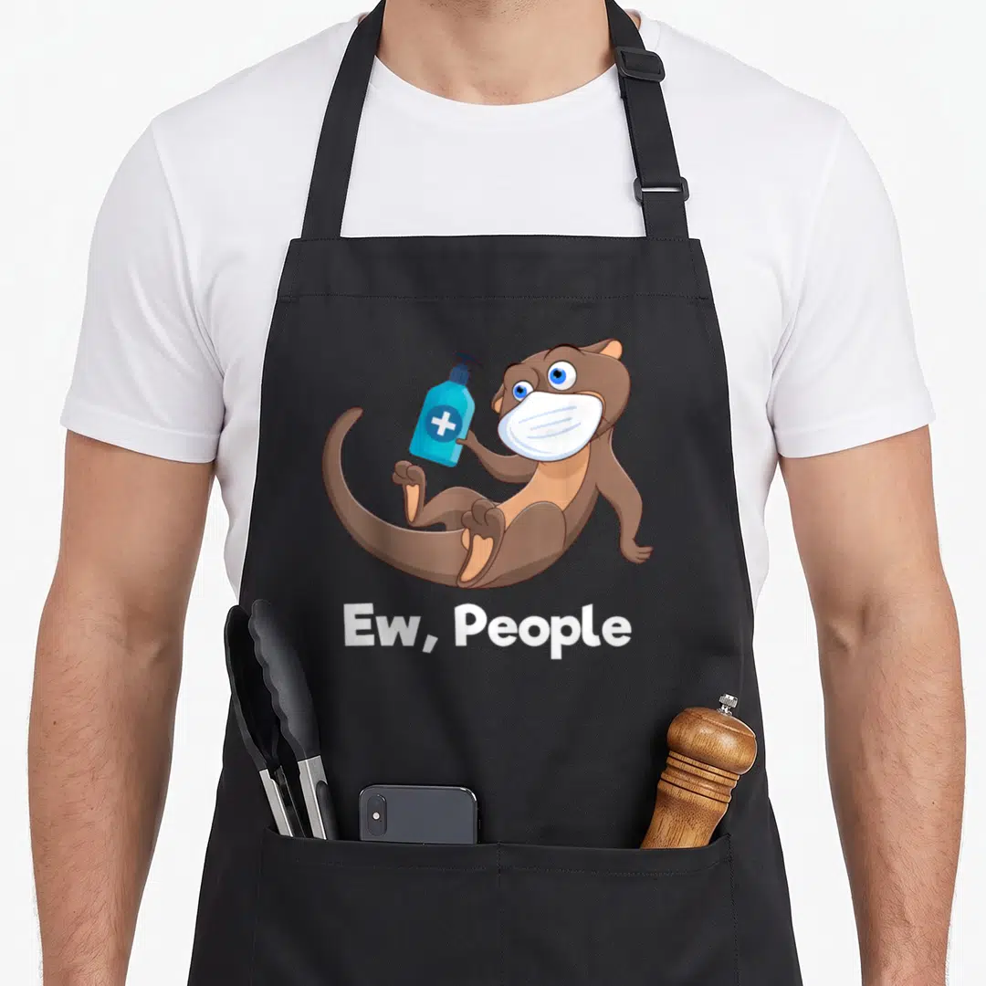 Ferret owner animal apron - Cartoon brown otter in white mask holding blue sanitizer bottle above Ew People text — shown on a black cotton canvas apron against a white background