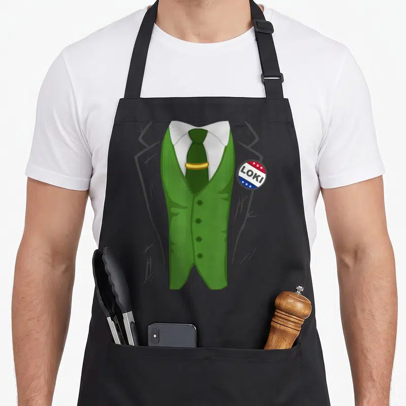 President costume apron - Cartoon grey suit with green vest and LOKI campaign badge graphic — shown on a black cotton canvas apron against a white background