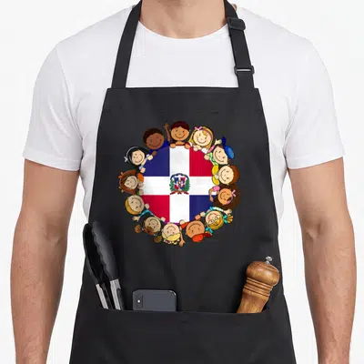 Republic hispanic aprons - Cartoon children surrounding Dominican Republic flag in blue red white brown yellow — shown on a black cotton canvas apron against a white background