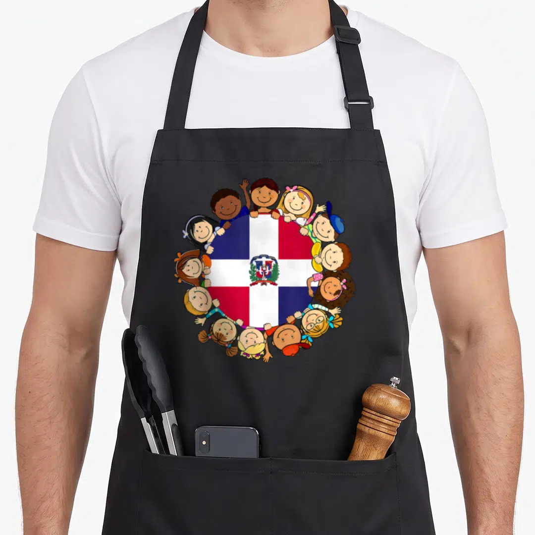 Republic hispanic aprons - Cartoon children surrounding Dominican Republic flag in blue red white brown yellow — shown on a black cotton canvas apron against a white background