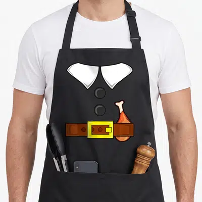 Turkey costume pilgrim apron - Cartoon white collar, black buttons, brown belt with yellow buckle, and tucked turkey leg — shown on a black cotton canvas apron against a white background