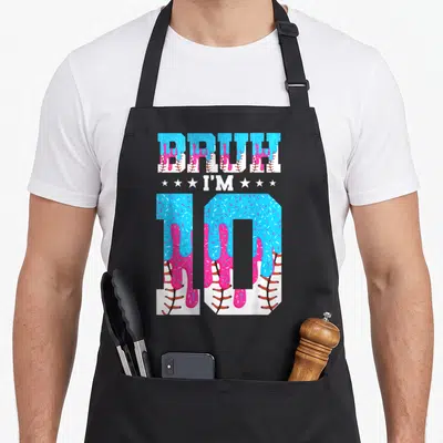 Bruh 10th ice cream apron - Dripping blue and pink icing over baseball stitching with BRTH I'M 10 text and white stars — shown on a black cotton canvas apron against a white background