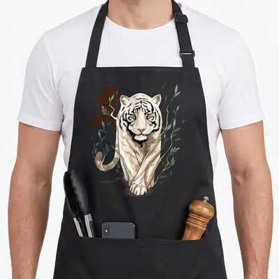 Chinese animal apron - Realistic white tiger illustration with green leaves and brown Chinese character for tiger — shown on a black cotton canvas apron against a white background