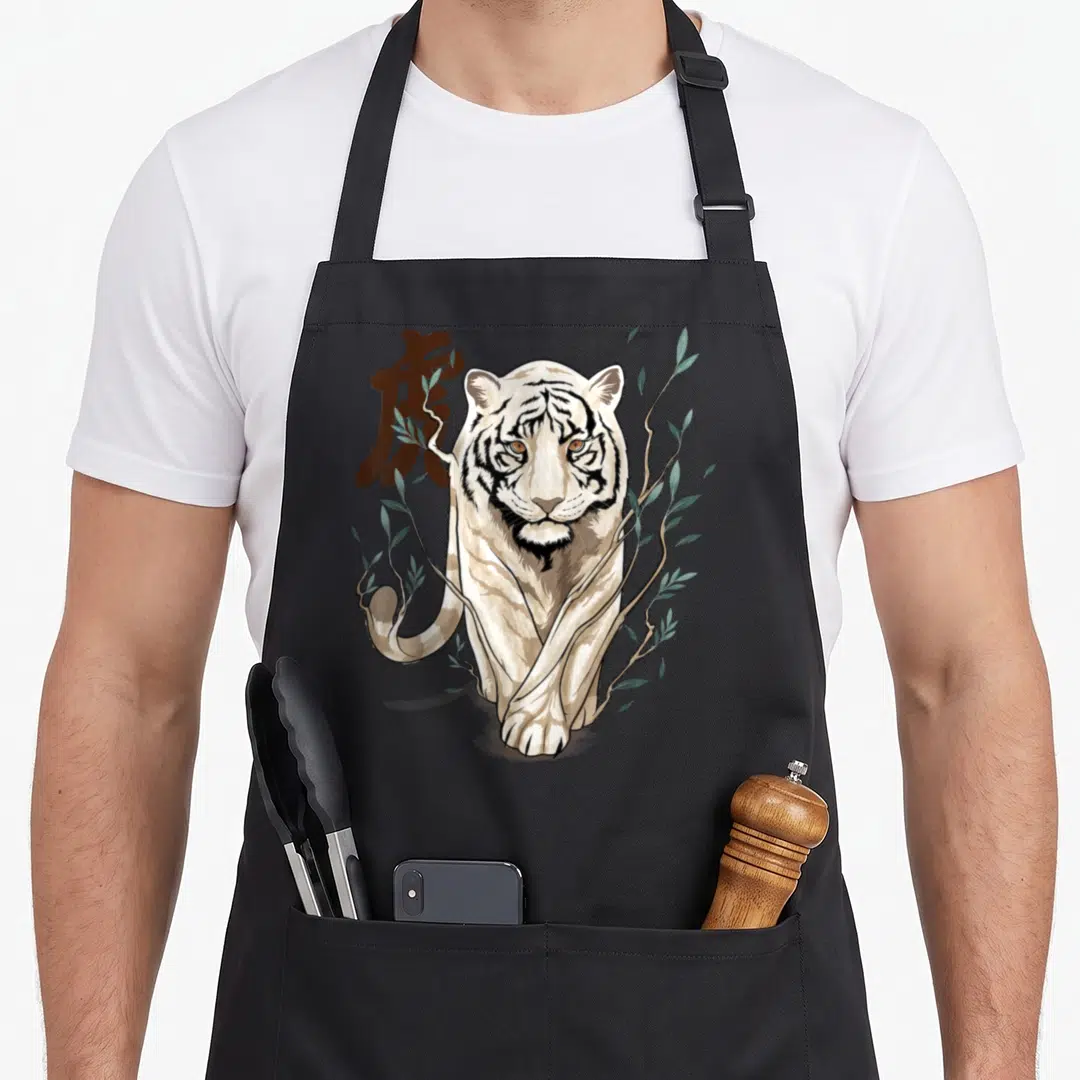 Chinese animal apron - Realistic white tiger illustration with green leaves and brown Chinese character for tiger — shown on a black cotton canvas apron against a white background