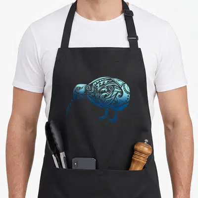 Polynesia new zealand apron - Blue gradient kiwi bird silhouette filled with Maori tribal patterns in line art style — shown on a black cotton canvas apron against a white background