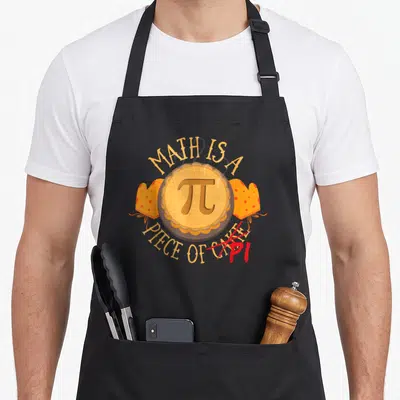Funny mathematician teacher apron - Cartoon pie with pi symbol flanked by orange mitts and arched text on black fabric — shown on a black cotton canvas apron against a white background