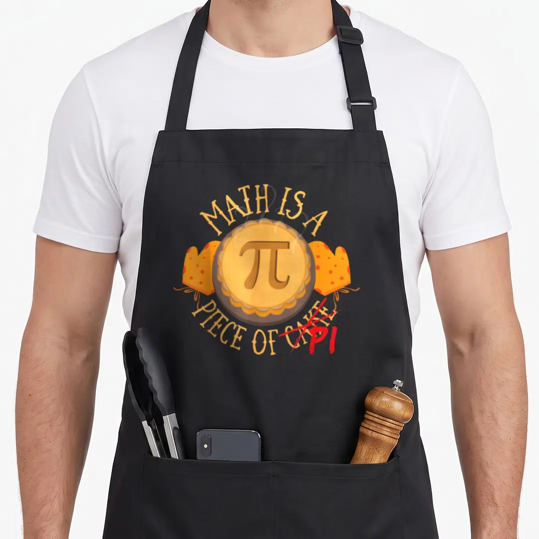 Funny mathematician teacher apron - Cartoon pie with pi symbol flanked by orange mitts and arched text on black fabric — shown on a black cotton canvas apron against a white background