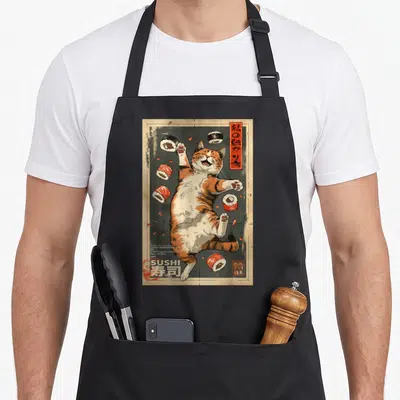 Mcma cat apron - Retro poster art of a floating orange cat surrounded by sushi rolls with Japanese text and address — shown on a black cotton canvas apron against a white background