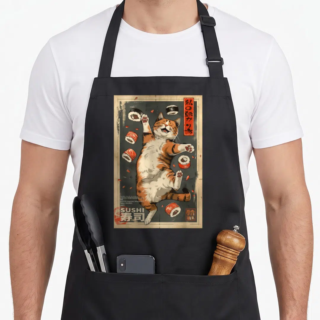 Mcma cat apron - Retro poster art of a floating orange cat surrounded by sushi rolls with Japanese text and address — shown on a black cotton canvas apron against a white background
