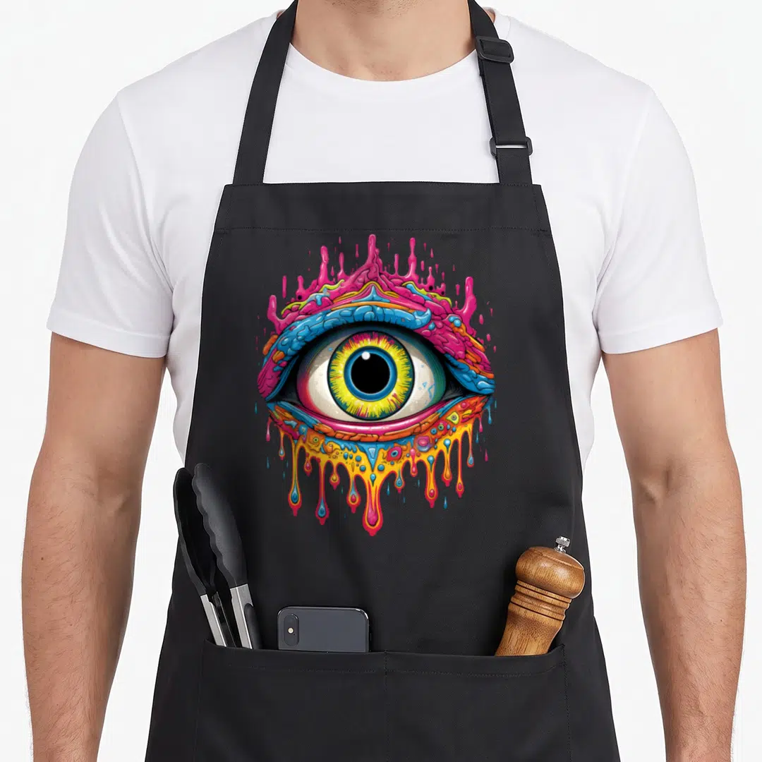 Third hippie apron - Stylized eye with pink yellow blue and orange dripping liquid patterns — shown on a black cotton canvas apron against a white background