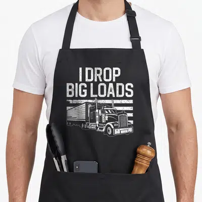 Funny trucker semi truck apron - I DROP BIG LOADS text above distressed white semi-truck on horizontal lines — shown on a black cotton canvas apron against a white background