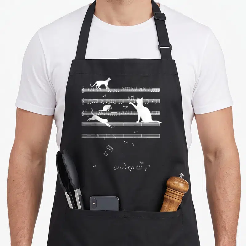 Cat music teacher apron - Three white cat silhouettes interacting with four horizontal musical staffs and scattered — shown on a black cotton canvas apron against a white background