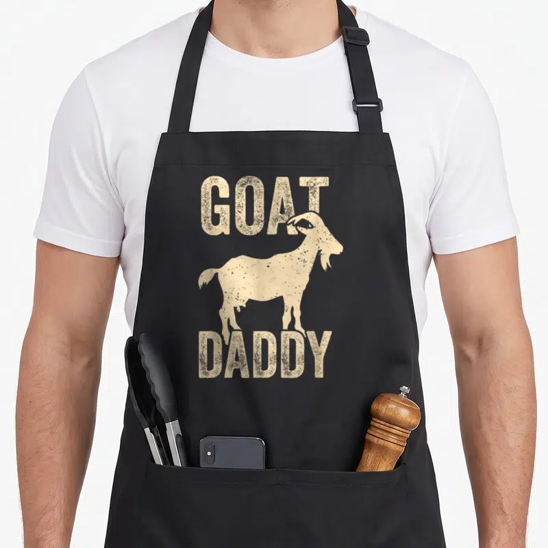 Goat daddy father day apron - Distressed tan goat silhouette between GOAT and DADDY text — shown on a black cotton canvas apron against a white background