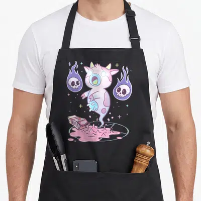 Pastel milk aprons - Ghost cow floating above pink puddle and tipped carton with two flaming skulls and crosses — shown on a black cotton canvas apron against a white background
