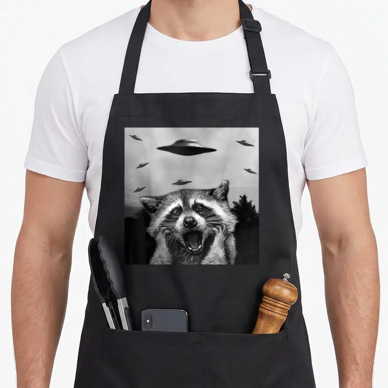 Alien animal apron - Shocked raccoon with UFOs and tree in black white grey photo print — shown on a black cotton canvas apron against a white background