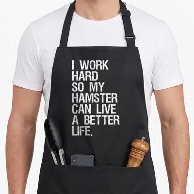 Live i love my hamster apron - Seven lines of white distressed text reading I work hard so my hamster can live a better — shown on a black cotton canvas apron against a white background