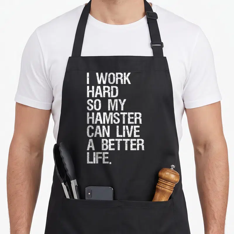 Live i love my hamster apron - Seven lines of white distressed text reading I work hard so my hamster can live a better — shown on a black cotton canvas apron against a white background