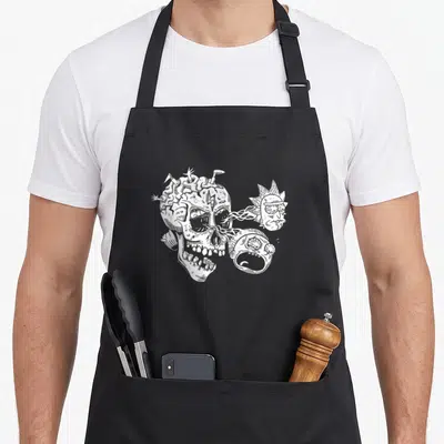 Skull cartoon apron - White line-art skull with Rick and Morty heads emerging from right side and nails in top — shown on a black cotton canvas apron against a white background