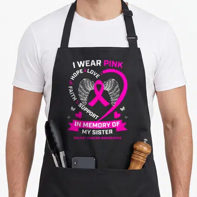 Memory sister breast cancer awareness aprons - Pink ribbon with white wings inside a heart and memorial text — shown on a black cotton canvas apron against a white background