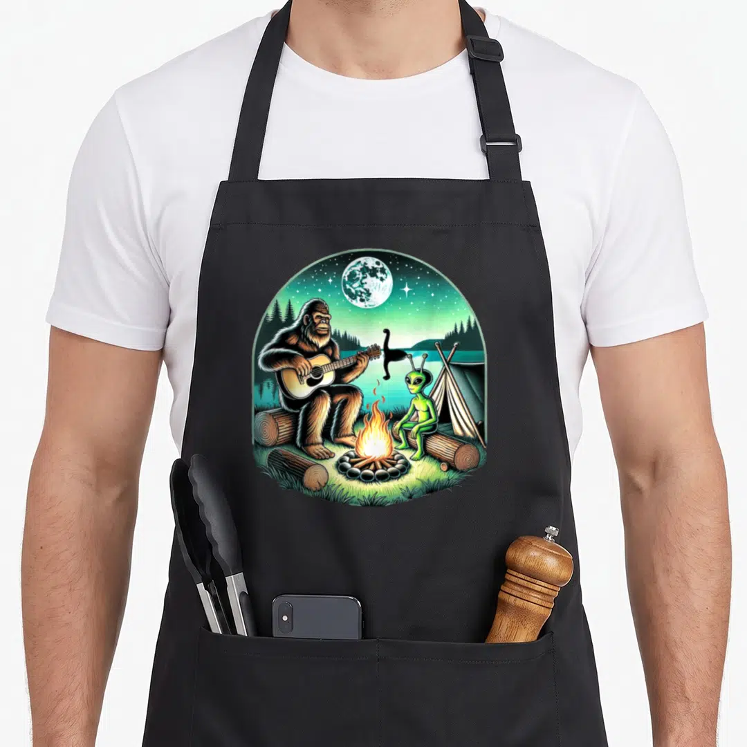 Campfire bigfoot apron - Cartoon bigfoot playing guitar beside green alien at campfire with tent and lake monster — shown on a black cotton canvas apron against a white background