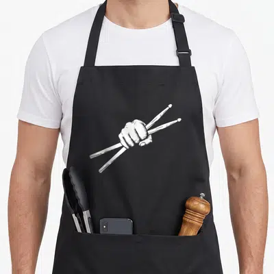 Drumstick pigeon dad apron - White line art of a hand gripping two crossed drumsticks — shown on a black cotton canvas apron against a white background