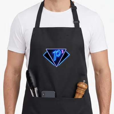 Charmed tv apron - Neon blue P and pink 3 inside overlapping triangle and diamond shapes — shown on a black cotton canvas apron against a white background