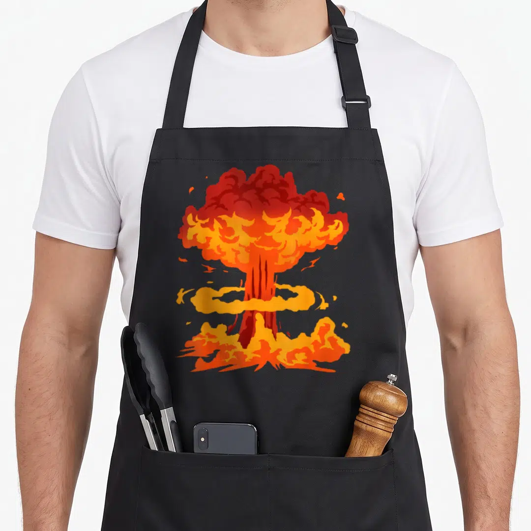 Atomic mushroom apron - Red orange and yellow cartoon mushroom cloud with scattered fire fragments — shown on a black cotton canvas apron against a white background