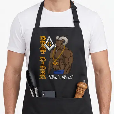Goat mason apron - Cartoon brown goat with gold chain and square compass behind head with vertical text — shown on a black cotton canvas apron against a white background