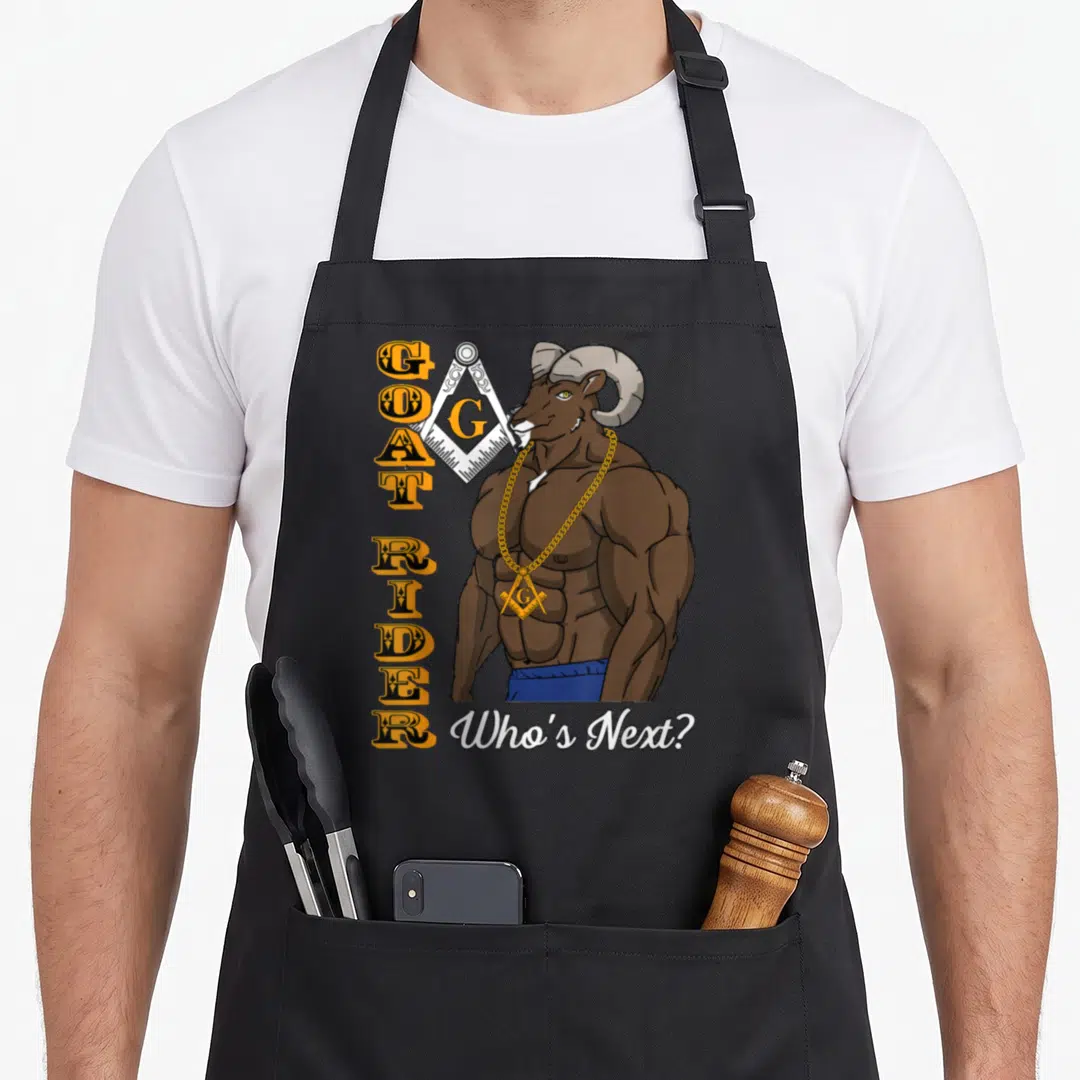 Goat mason apron - Cartoon brown goat with gold chain and square compass behind head with vertical text — shown on a black cotton canvas apron against a white background