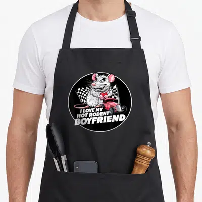 Boyfriend i love my mouse apron - Cartoon mouse on red hot rod holding heart with I Love My Hot Rodent Boyfriend text — shown on a black cotton canvas apron against a white background