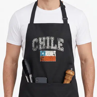 Faded chile pride apron - Arched CHILE text above a distressed white blue and red flag of Chile — shown on a black cotton canvas apron against a white background