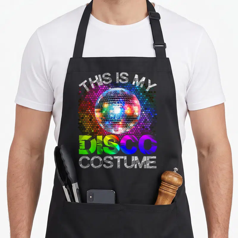 Costume funky apron - Disco ball graphic with THIS IS MY DISCO COSTUME text and multi-colored dot background — shown on a black cotton canvas apron against a white background