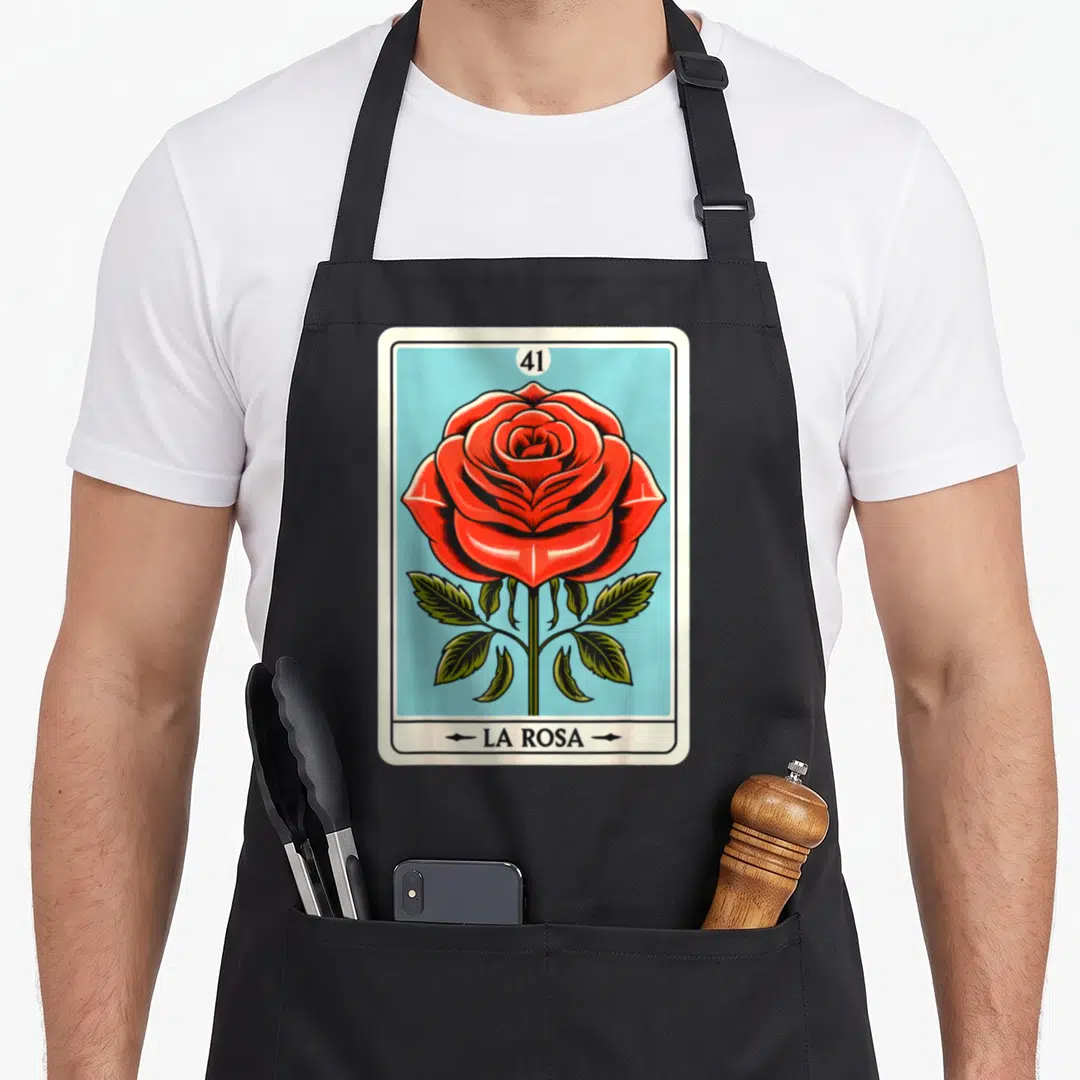 Rosa bingo aprons - Red rose on light blue card with 41 and LA ROSA text — shown on a black cotton canvas apron against a white background